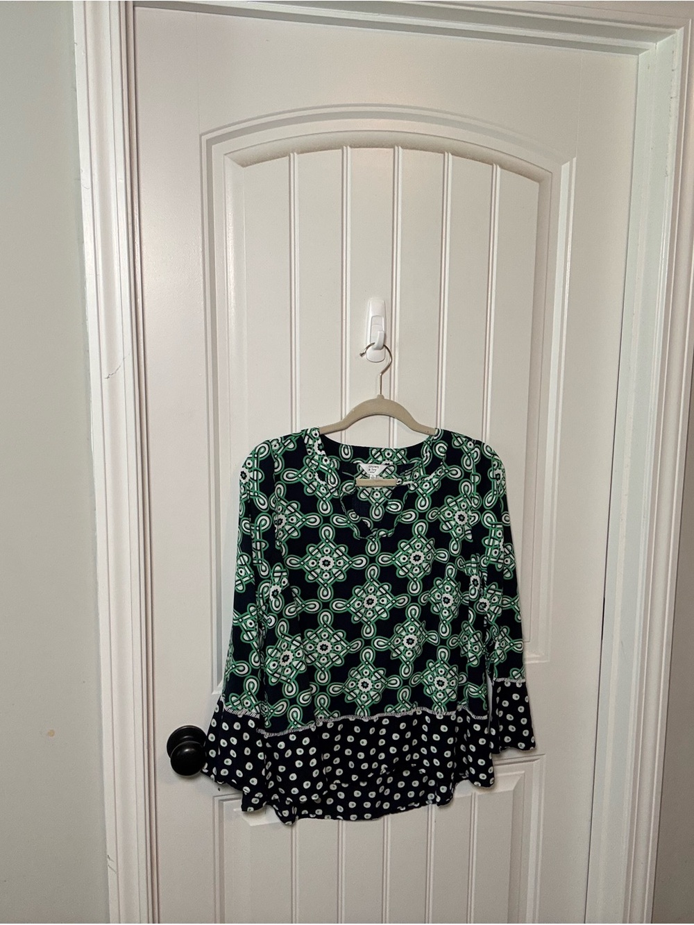 J. Crew Black Tunic with Green Geometric Pattern and Polka-Dot Hem